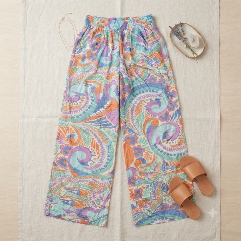 Molly Bracken Wide Leg Pants Womens S Multi Paisley Floral Boho LAS116BCE